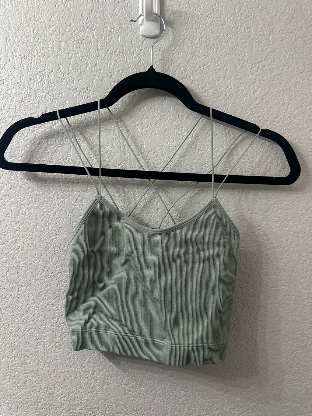 Light Sage Ribbed Cami Tank Top With Crisscross Straps And Lace Back